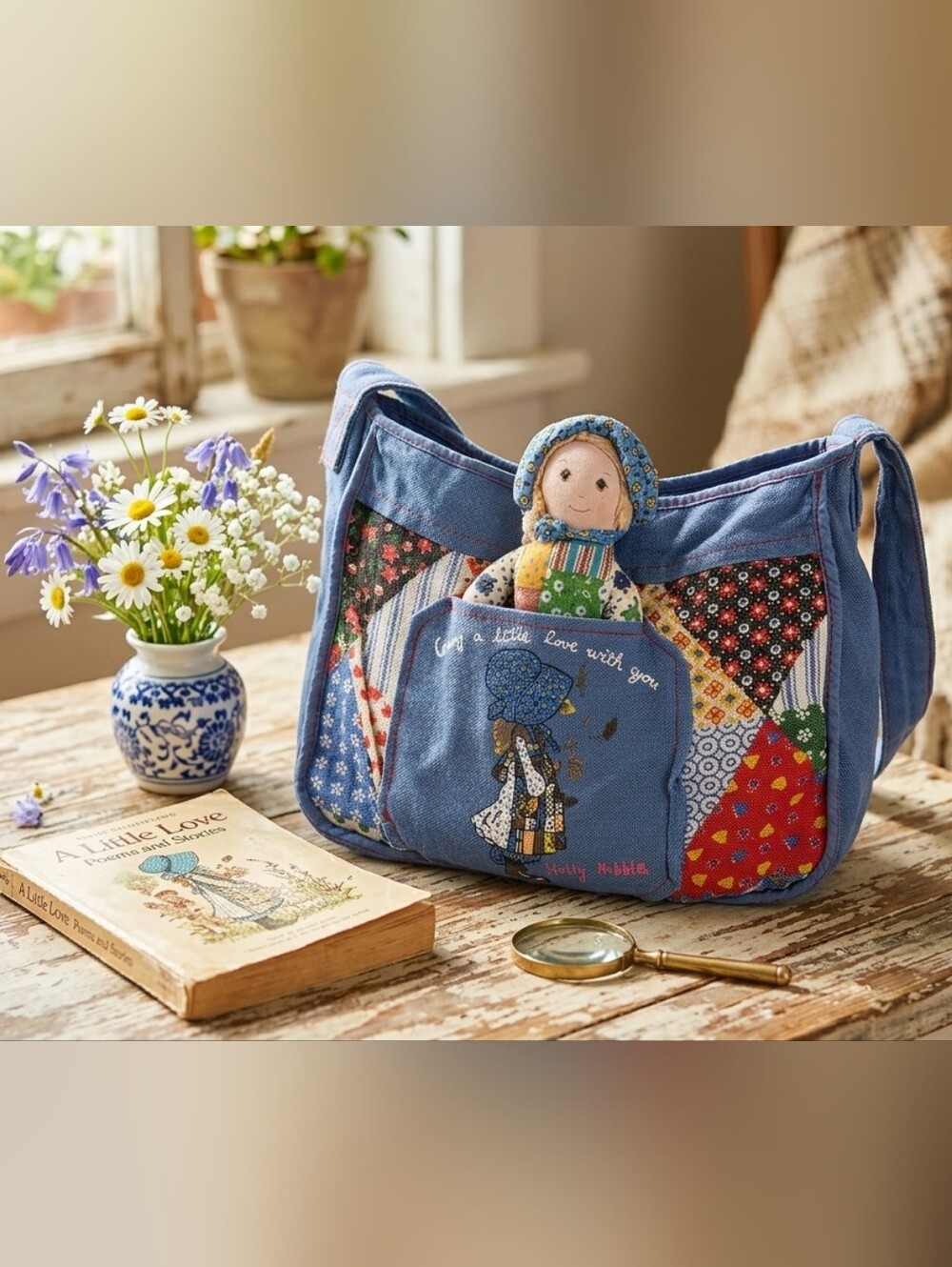 Vintage 1970s Holly Hobbie Denim Patchwork Tote Bag with Removable Rag Doll